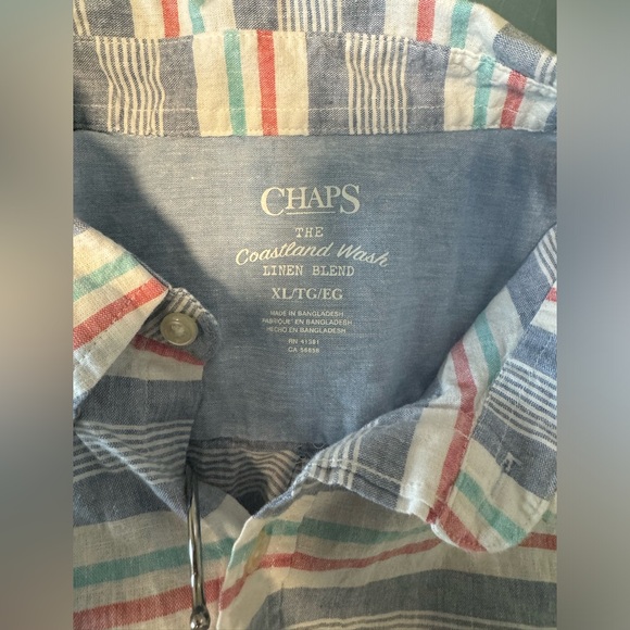 Chaps Shirt Mens XL Coastland Wash Short Sleeve Button Up Linen Blend Stripe - Picture 2 of 6